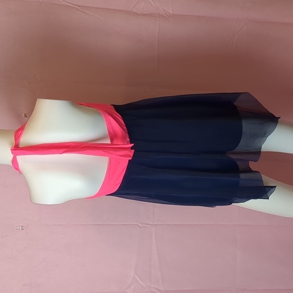 Neon Pink and Blue V Neck One Piece Swimsuit with Sheer Skirt Overlay size Large - Picture 3 of 9
